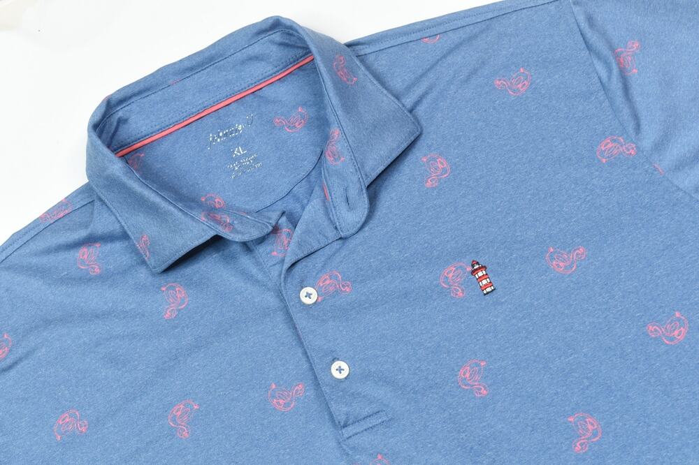 Johnnie-O Flamingo Floatie Polo Shirt Mens XL Blue Pink Short Sleeve Stretch